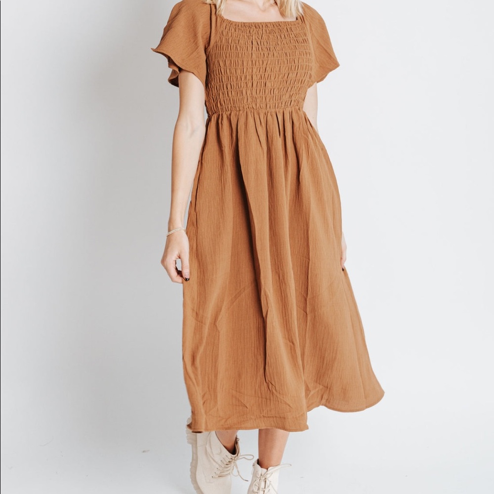 Piper and Scoot tan smocked square neck midi dress